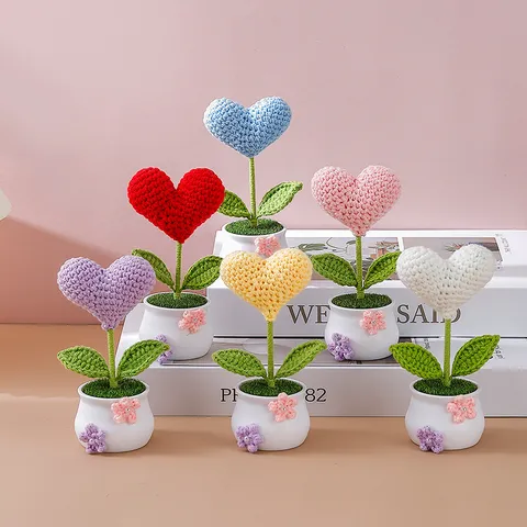 Pianta in Vaso con Fiore a Cuore Lavorato a Maglia Fatto a Mano Ornamento da Scrivania Floreale all Uncinetto Creativo Arredamento Regalo