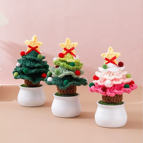Pianta in Vaso per Albero di Natale all'Uncinetto Lavorata a Maglia a Mano Decorazione da Scrivania Festa Festiva Decorazione per la Casa Regalo