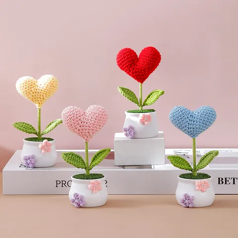 Pianta in Vaso con Fiore a Cuore Lavorato a Maglia Fatto a Mano Ornamento da Scrivania Floreale all Uncinetto Creativo Arredamento Regalo