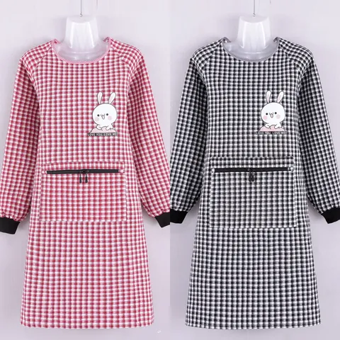 Delantal de Manga Larga de Algodón Cocina Cocinar Antimanchas Bata Lindo Estampado de Conejo Bolsillo con Cremallera Ropa de Trabajo