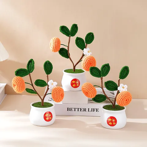 Pianta in Vaso di Kumquat All Uncinetto Fatta a Mano Bouquet di Fiori in Filato di Lana Decorazione Festiva per la Casa Ornamento da Tavolo