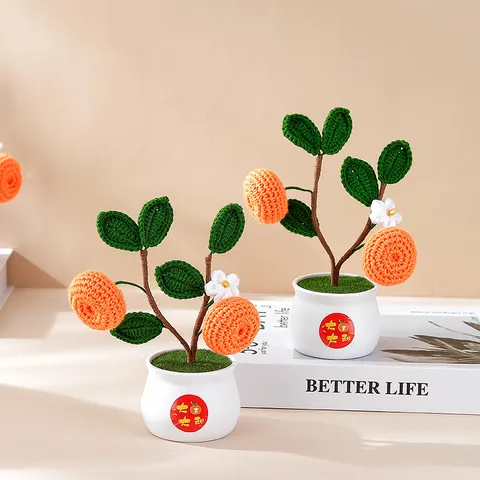 Pianta in Vaso di Kumquat All Uncinetto Fatta a Mano Bouquet di Fiori in Filato di Lana Decorazione Festiva per la Casa Ornamento da Tavolo