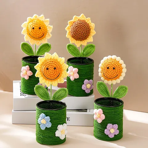 Handgemaakte Gehaakte Zonnebloem Pennenhouder Schattige Gebreide Bloem Potlood Bureau Organizer Voor Kantoor School Leraar Cadeau