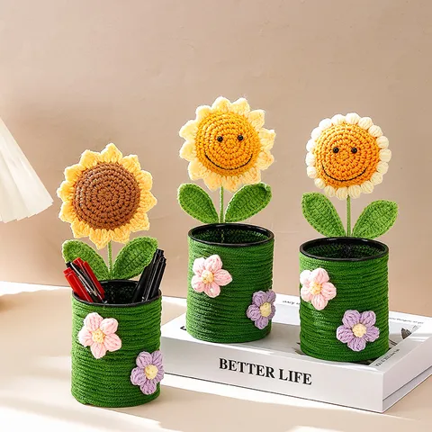 Handgemaakte Gehaakte Zonnebloem Pennenhouder Schattige Gebreide Bloem Potlood Bureau Organizer Voor Kantoor School Leraar Cadeau