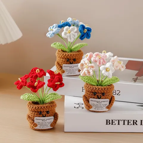 Pianta in Vaso Lavorata a Maglia Fatta a Mano Ornamento di Fiori all'Uncinetto Pianta di Supporto Emotivo Carino Arredamento da Scrivania Regalo Decorazione per la Casa