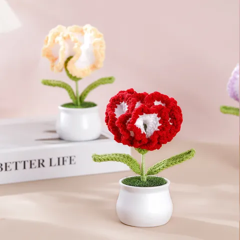 Pianta in Vaso di Garofano all'Uncinetto Fatta a Mano Fiore Lavorato a Maglia Decorazione per la Casa Ornamentale Floreale Artificiale Regalo Festa della Mamma