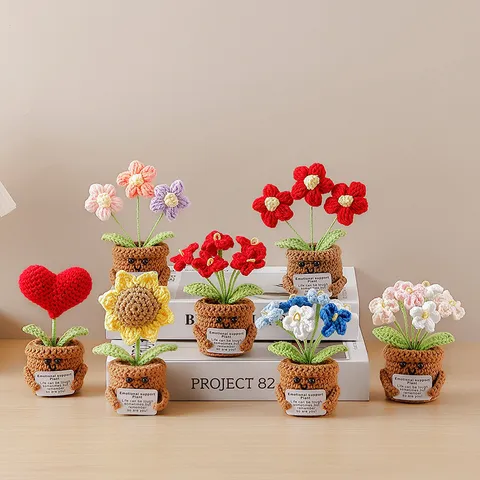 Pianta in Vaso Lavorata a Maglia Fatta a Mano Ornamento di Fiori all'Uncinetto Pianta di Supporto Emotivo Carino Arredamento da Scrivania Regalo Decorazione per la Casa