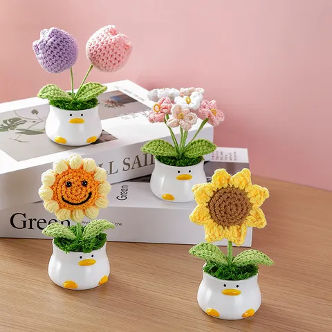 Pianta in Vaso all'Uncinetto Fatta a Mano Girasole Tulipano Carina Anatra Vaso di Ceramica Ornamento da Scrivania Regalo di Compleanno Decorazione