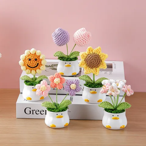 Pianta in Vaso all'Uncinetto Fatta a Mano Girasole Tulipano Carina Anatra Vaso di Ceramica Ornamento da Scrivania Regalo di Compleanno Decorazione