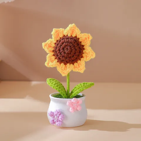 Handmade Knitted Potted Plant Artificial Sunflower Tulip Lily Desk Car Decor Desktop Ornament Gift