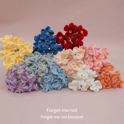 Fatto a Mano Lavorato a Maglia di Lana Nontiscordardimé Fiore Artificiale Stelo Singolo Uncinetto Floreale Decorazione Casa Regalo