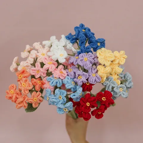 Fatto a Mano Lavorato a Maglia di Lana Nontiscordardimé Fiore Artificiale Stelo Singolo Uncinetto Floreale Decorazione Casa Regalo