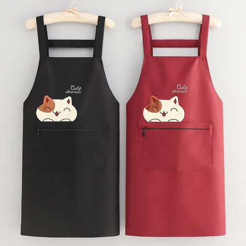 Delantal de Cocina Impermeable para Mujer Hombre Lindo Bordado de Gato de Dibujos Animados Cocina A Prueba de Aceite Delantal Ajustable