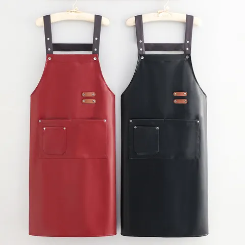 Tablier en Cuir PU Imperméable Résistant à l Huile Cuisine Travail Tablier à Bavette Avec Poches Hommes Femmes