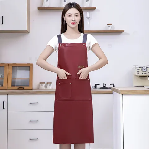 Tablier en Cuir PU Imperméable Résistant à l Huile Cuisine Travail Tablier à Bavette Avec Poches Hommes Femmes