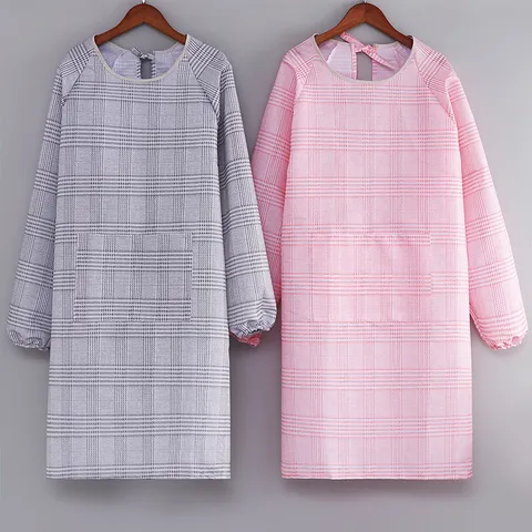 Delantal Smock de Cuadros Manga Larga Mezcla de Algodón Antimanchas Cocina Cocina Ropa de Trabajo Holgada Babero