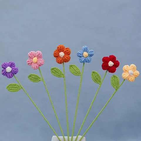 Bouquet Singolo di Fiori Puff all'Uncinetto Fatto a Mano Stelo di Fiore Artificiale Lavorato a Maglia Decorazione per la Casa Accessorio Confezione Regalo
