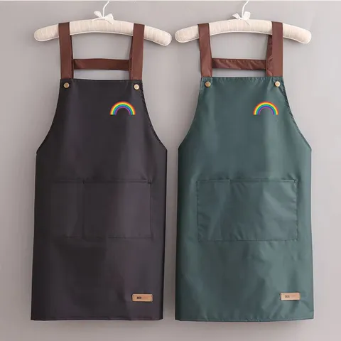 Tablier De Cuisine Imperméable Pour Femmes Tablier Bavette Résistant À L'Huile Avec Poches Broderie Arc-en-ciel Style Coréen