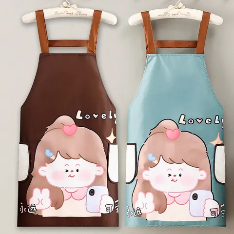 Tablier de Cuisine Imperméable pour Femmes Mignon Imprimé Fille de Dessin Animé Tablier à Bavette Résistant à l'Huile avec Poches Serviette