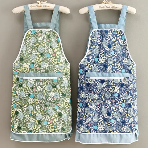 Household Kitchen Apron Waterproof Anti-Stain Canvas Slub Cotton Floral Print Ruffle Hem Pocket Kitchen Bib Apron For Cooking