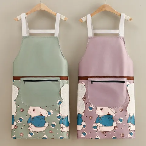 Delantal Impermeable Cocina Babero Poliéster Conejo Laminado Estampado Bolsillo con Cremallera con Toalla para Mujeres Hombres