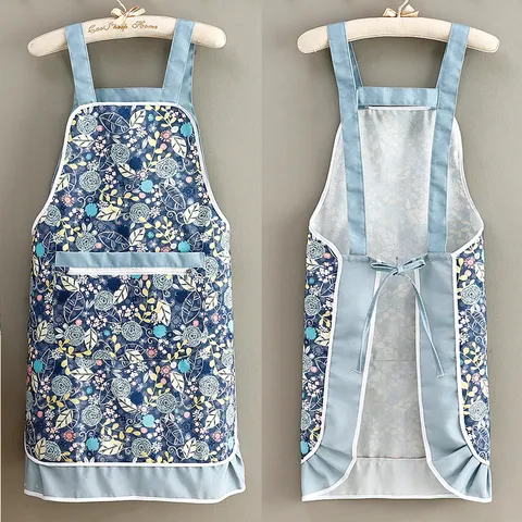 Household Kitchen Apron Waterproof Anti-Stain Canvas Slub Cotton Floral Print Ruffle Hem Pocket Kitchen Bib Apron For Cooking