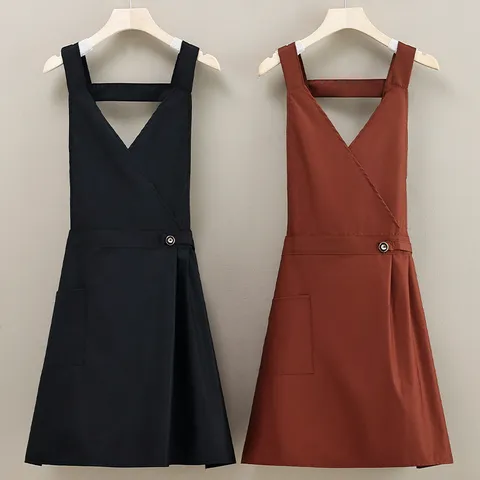 Delantal Impermeable Estilo Coreano Cocina Casera Cocinar Antifouling Ropa de Trabajo Delantal Princesa Cuello en V Con Bolsillos