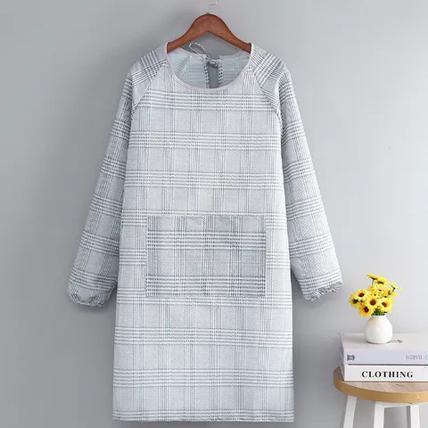 Delantal Smock de Cuadros Manga Larga Mezcla de Algodón Antimanchas Cocina Cocina Ropa de Trabajo Holgada Babero