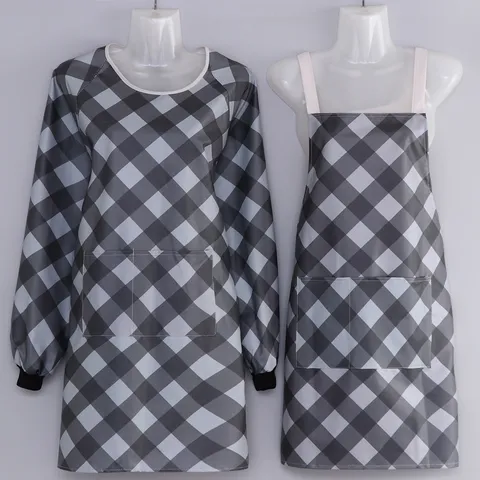 Tablier Blouse Imperméable en Cuir PU pour Femmes à Carreaux Cuisine Cuisine Vêtement de Travail avec Poches