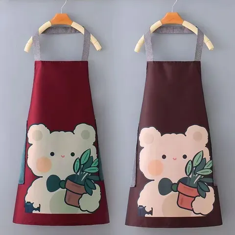 Delantal de Cocina Impermeable Antigrasa Lindo Oso de Dibujos Animados Babero de Cocina con Bolsillos Limpiar Manos para Mujeres