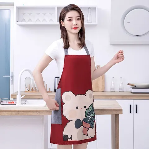 Delantal de Cocina Impermeable Antigrasa Lindo Oso de Dibujos Animados Babero de Cocina con Bolsillos Limpiar Manos para Mujeres