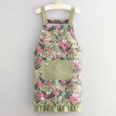 Delantal de Algodón Slub Floral Pintura al Óleo Vintage Cocina Anti-Manchas Resistente al Desgaste Con Bolsillo y Dobladillo con Volantes