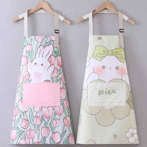 Waterproof Oil-Proof Canvas Apron With Adjustable Neck Strap Cartoon Rabbit Bowknot Dog Cooking Kitchen Cleaning Apron