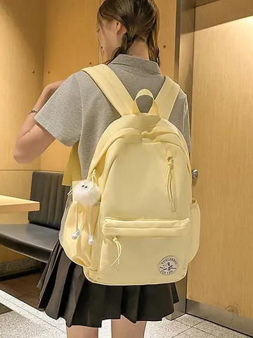 Korean Style College Casual Nylon Backpack For Women Lightweight School Bookbag Simple Solid Color Daypack With Pendant