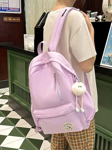 Korean Style College Casual Nylon Backpack For Women Lightweight School Bookbag Simple Solid Color Daypack With Pendant