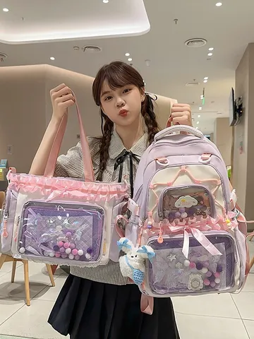 Ins Style Sweet Transparent Ita Bag Backpack Casual Nylon School Bag With Cute Pendant For Women Teens