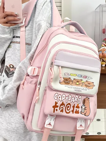 Stile Giapponese Ins Carino Cartoon Capybara Stampa Nylon Casual Leggero Zaino Per Studenti Scuola Ragazzi Viaggio Quotidiano