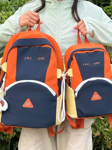 Women Casual Nylon Backpack Large Capacity School Bag Color Block Travel Daypack With Cute Glasses Dog Pendant