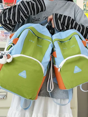 Women Casual Nylon Backpack Large Capacity School Bag Color Block Travel Daypack With Cute Glasses Dog Pendant