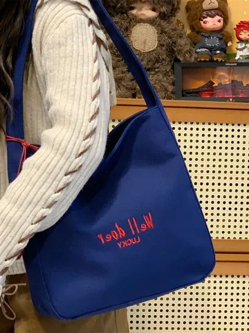 Japanischer Ins College Stil Buchstaben Bestickte Canvas Tragetasche Damen Leichte Tägliche Pendler Umhängetasche
