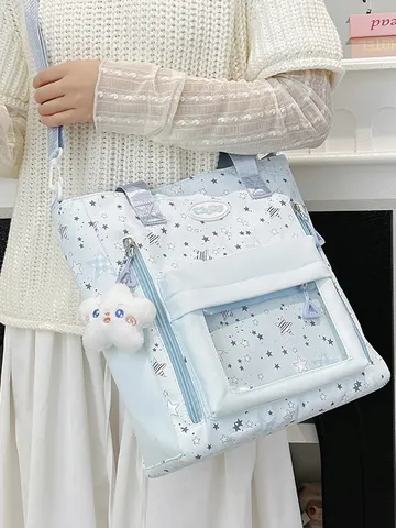 Damen Casual Nylon Umhängetasche Süßer Sternen Druck Tragetasche Transparente Tasche Schultasche Handtasche