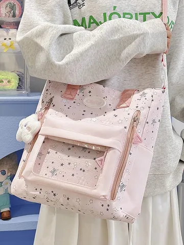 Damen Casual Nylon Umhängetasche Süßer Sternen Druck Tragetasche Transparente Tasche Schultasche Handtasche