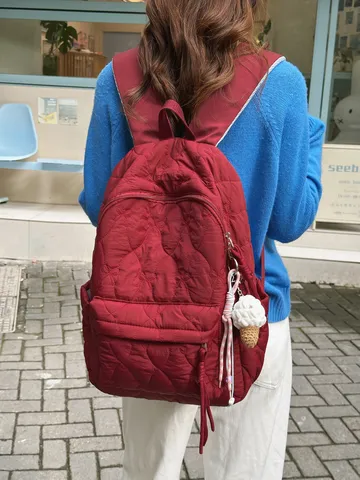 Quilted Nylon Backpack Lightweight Casual Daypack Fashion School Bookbag With Ice Cream Pendant For Women Teens
