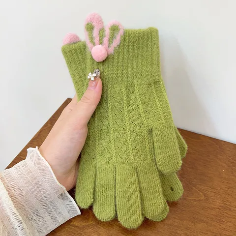 Women's Winter Warm Knitted Gloves Cute Rabbit Ears Pom Pom Touch Screen Full Finger Jacquard Thermal Gloves