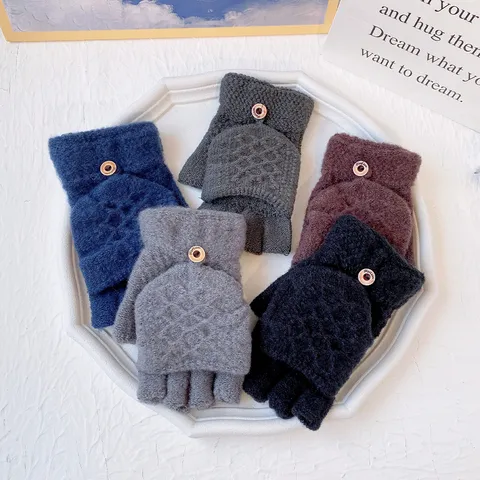 Heren Winter Warme Gebreide Handschoenen Vingerloze Klaptop Imitatie Kasjmir Effen Kleur Zakelijk Casual Buiten Handschoenen