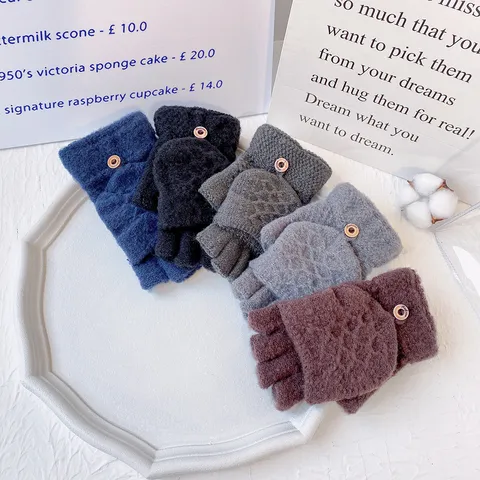 Heren Winter Warme Gebreide Handschoenen Vingerloze Klaptop Imitatie Kasjmir Effen Kleur Zakelijk Casual Buiten Handschoenen
