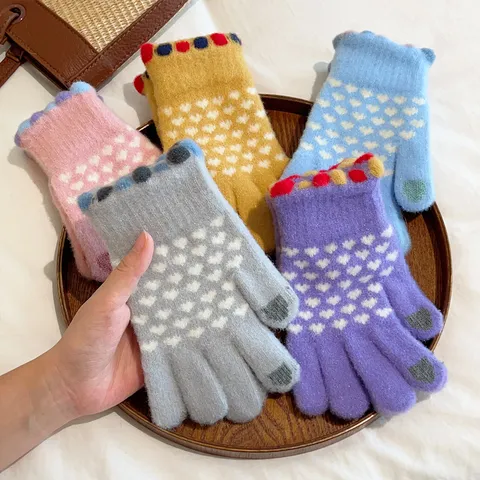 Women Winter Warm Touchscreen Knit Gloves Cute Love Heart Crystal Velvet Thermal Fleece Lined Five Finger Mittens