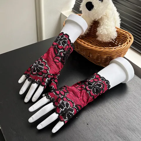 Women Elegant Lace Half Finger Gloves Summer Breathable Rose Floral Performance Dancing Gloves