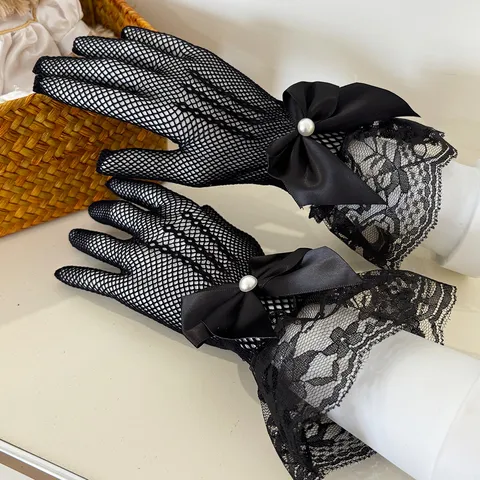 Women Sexy Fishnet Lace Gloves Full Finger Hollow Out Bowknot Pearl Elegant Party Costumes Fashion Glove Accessories