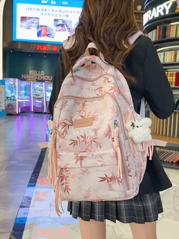 Casual Chinese Style Bamboo Leaf Print Nylon Backpack Large Capacity Multi Pocket School Travel Bag For Men Women